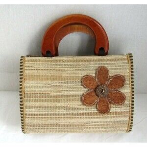 Mini Straw Purse Vintage Raffia Lined Wood Handles Cork Floral Design